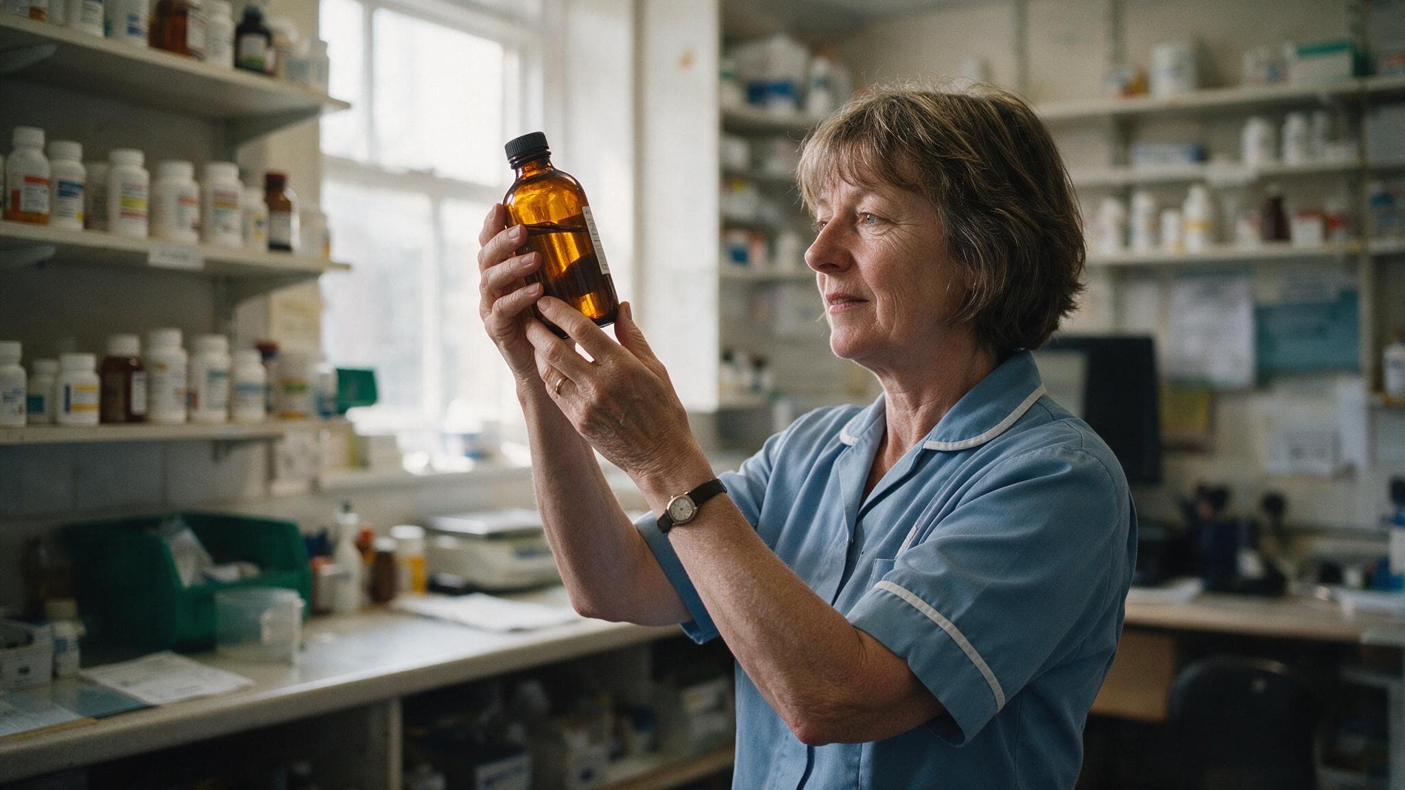 A pharmacist holding an amber glass dispensing bottle up to window light to check its contents