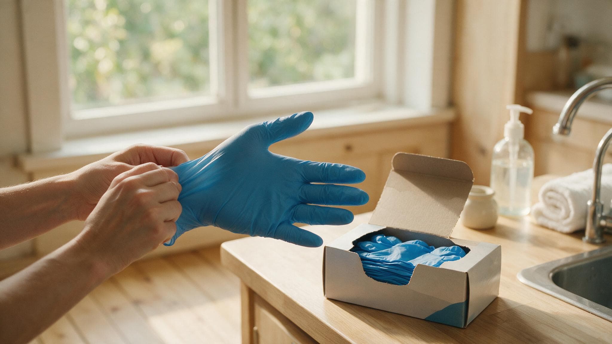 A carer putting on a fresh disposable glove at home