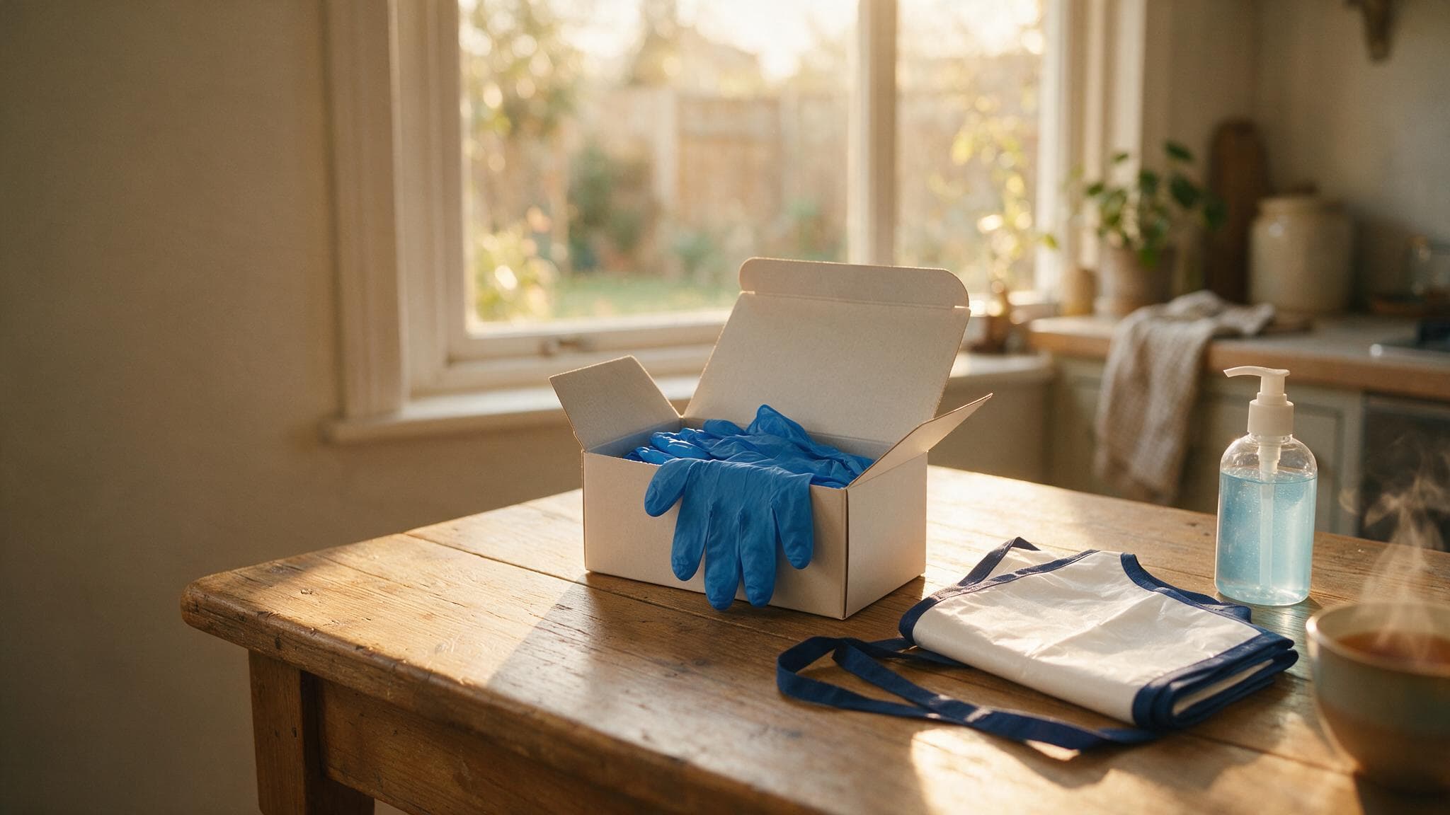 A box of gloves and an apron on a kitchen table at home