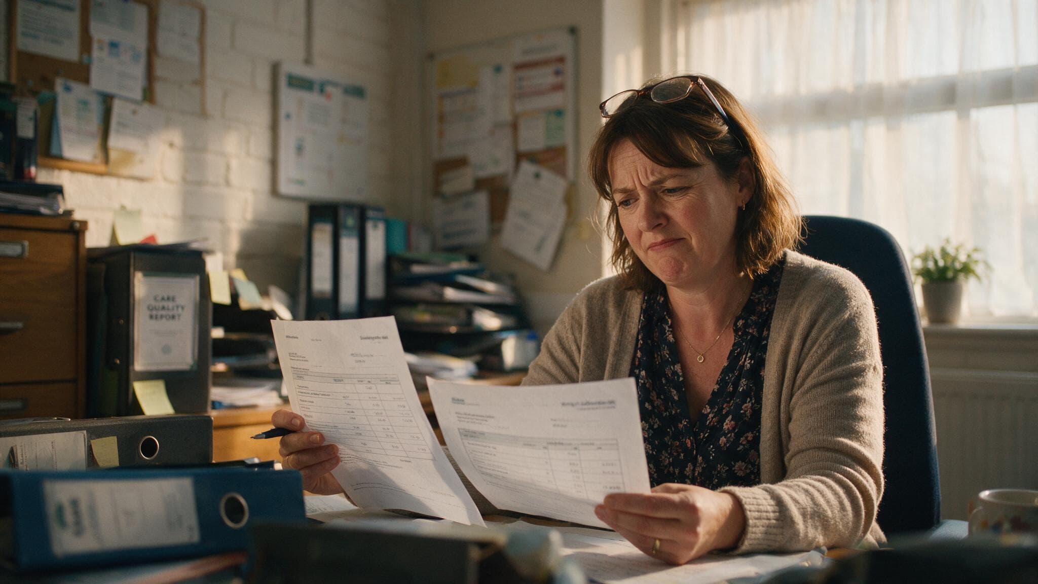 A care home practice manager comparing two printed supplier quotes at her desk