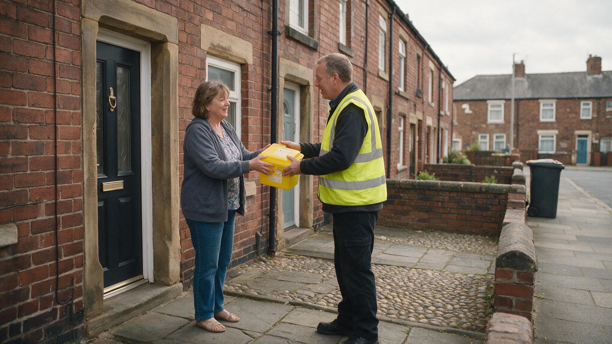 A council waste collector in a high-visibility vest takes a sealed yellow sharps container from a woman at the front door of a red-brick terraced house