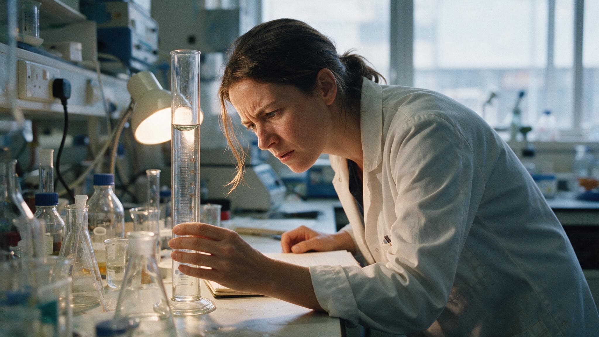 A laboratory scientist reading the meniscus on a glass measuring cylinder at eye level