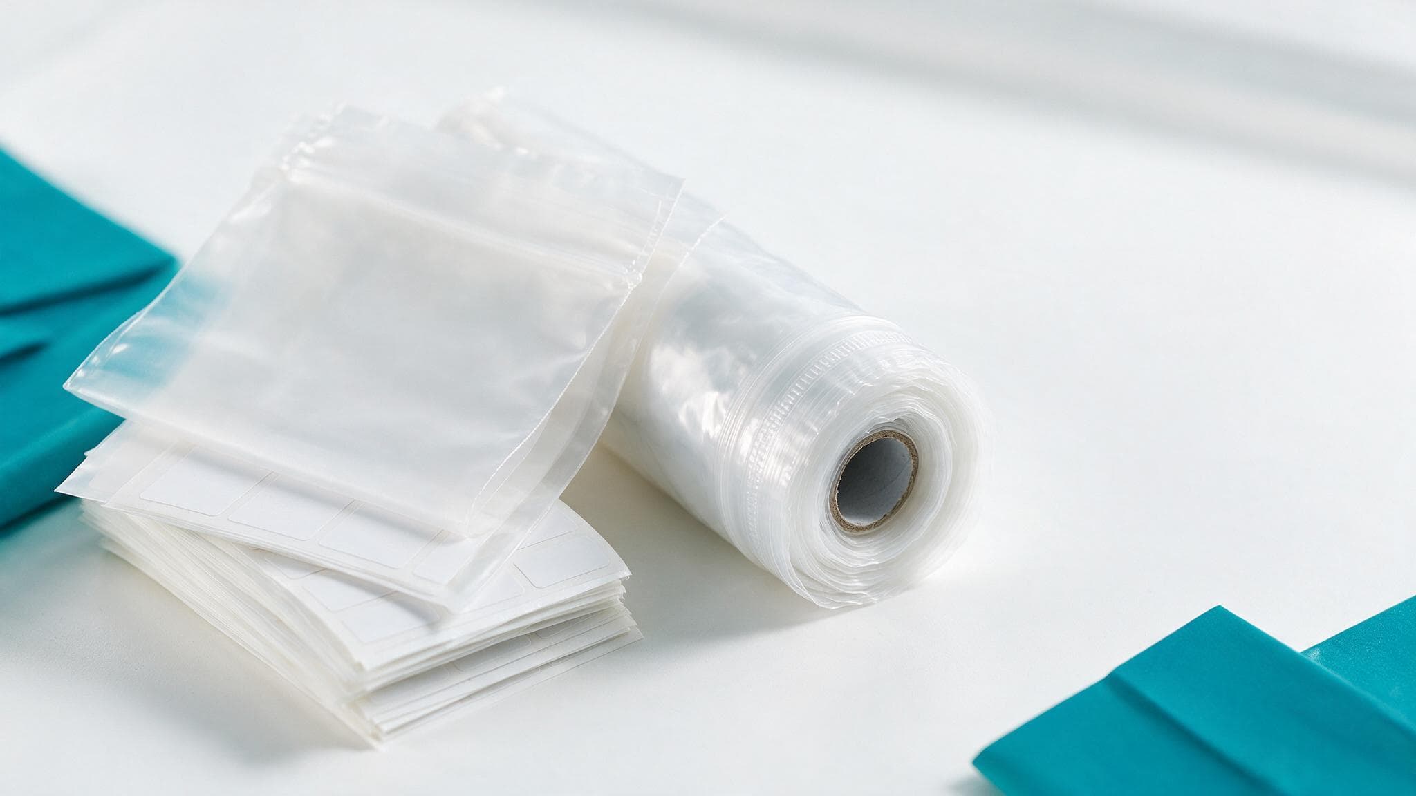 Medical packaging pouches and grip seal bags on a clean clinical surface
