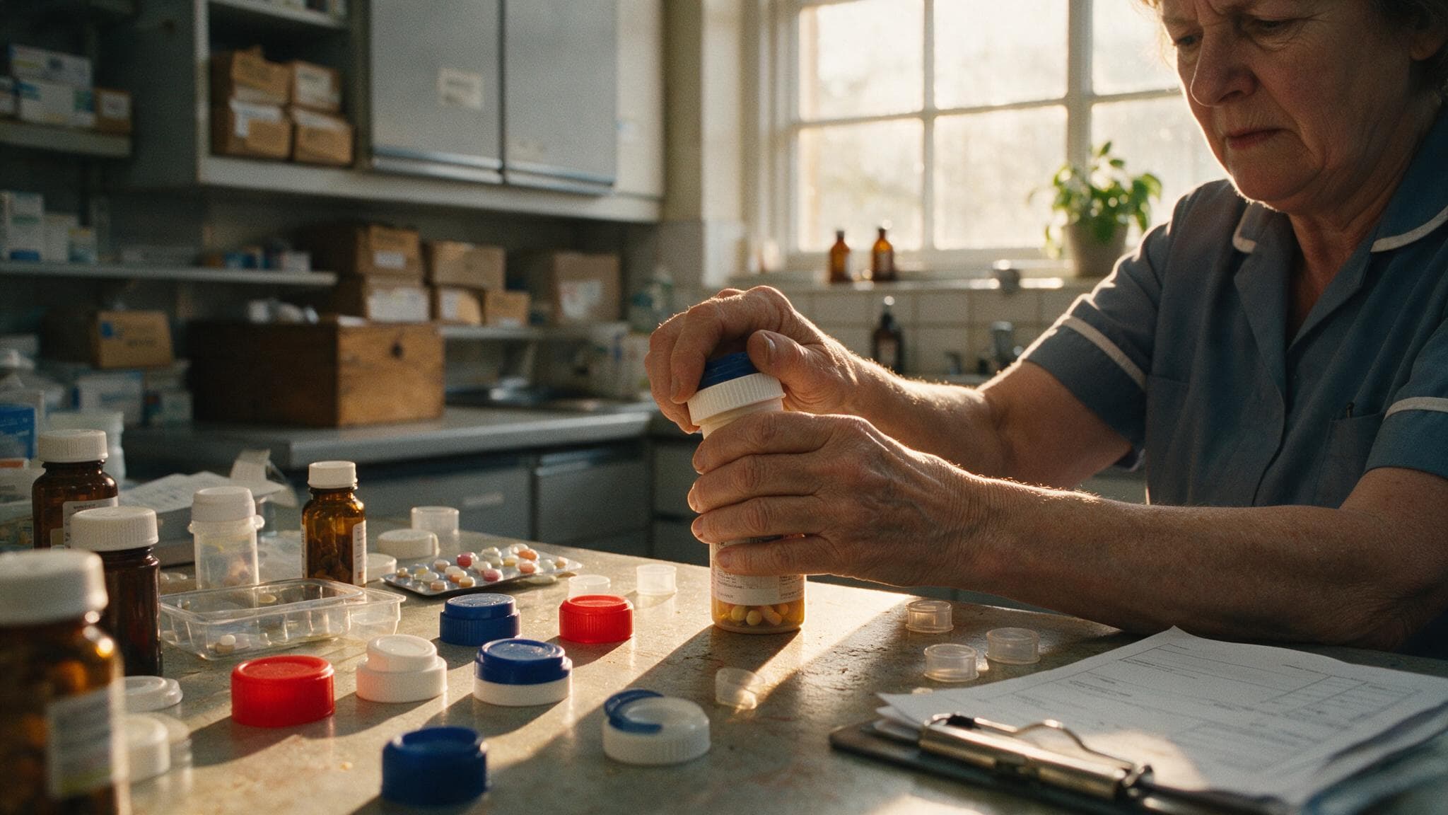 A pharmacist fitting a child-resistant closure onto a tablet container at a dispensary bench