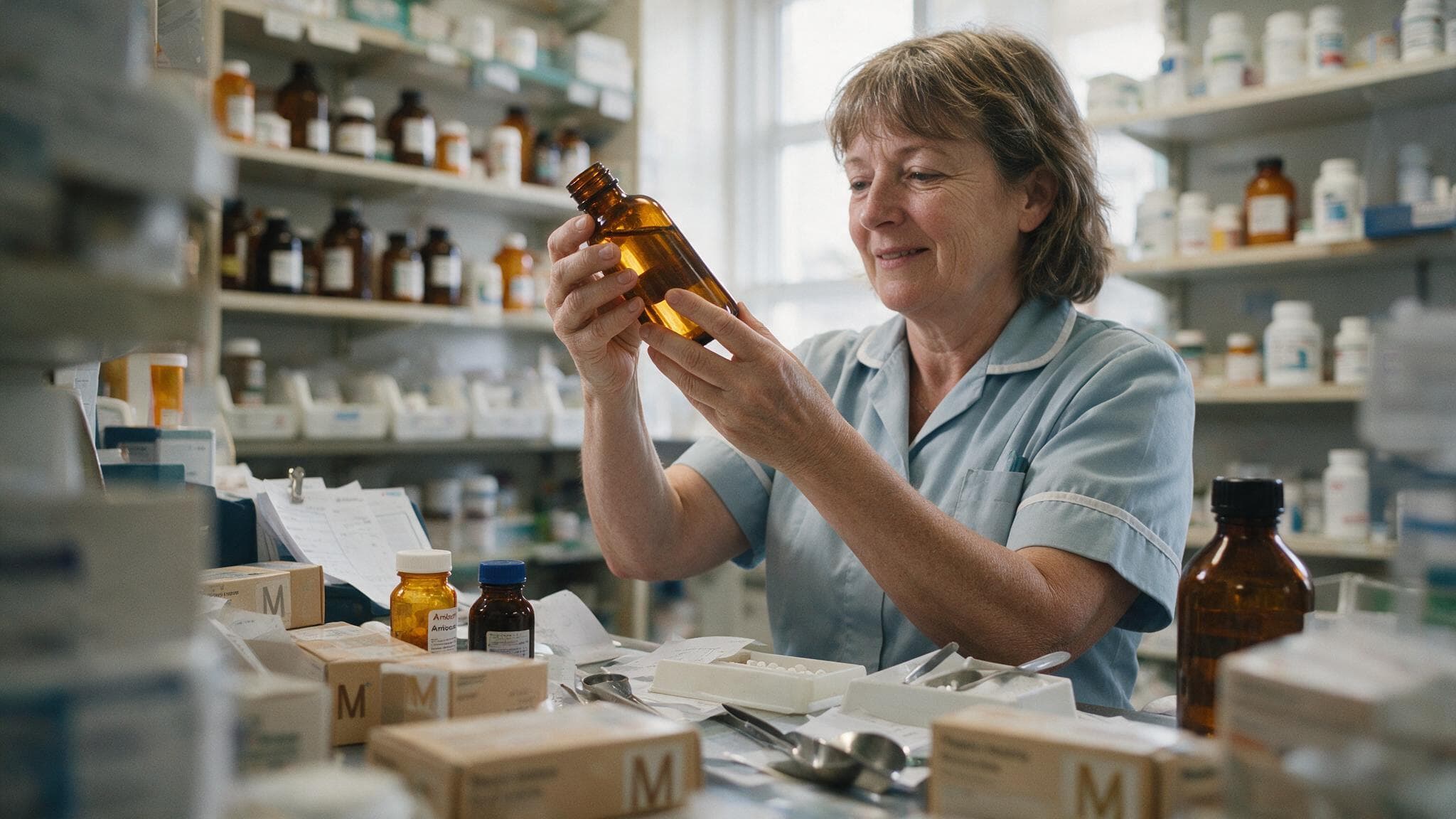 A community pharmacist checking the fill level of an amber dispensing bottle against the light