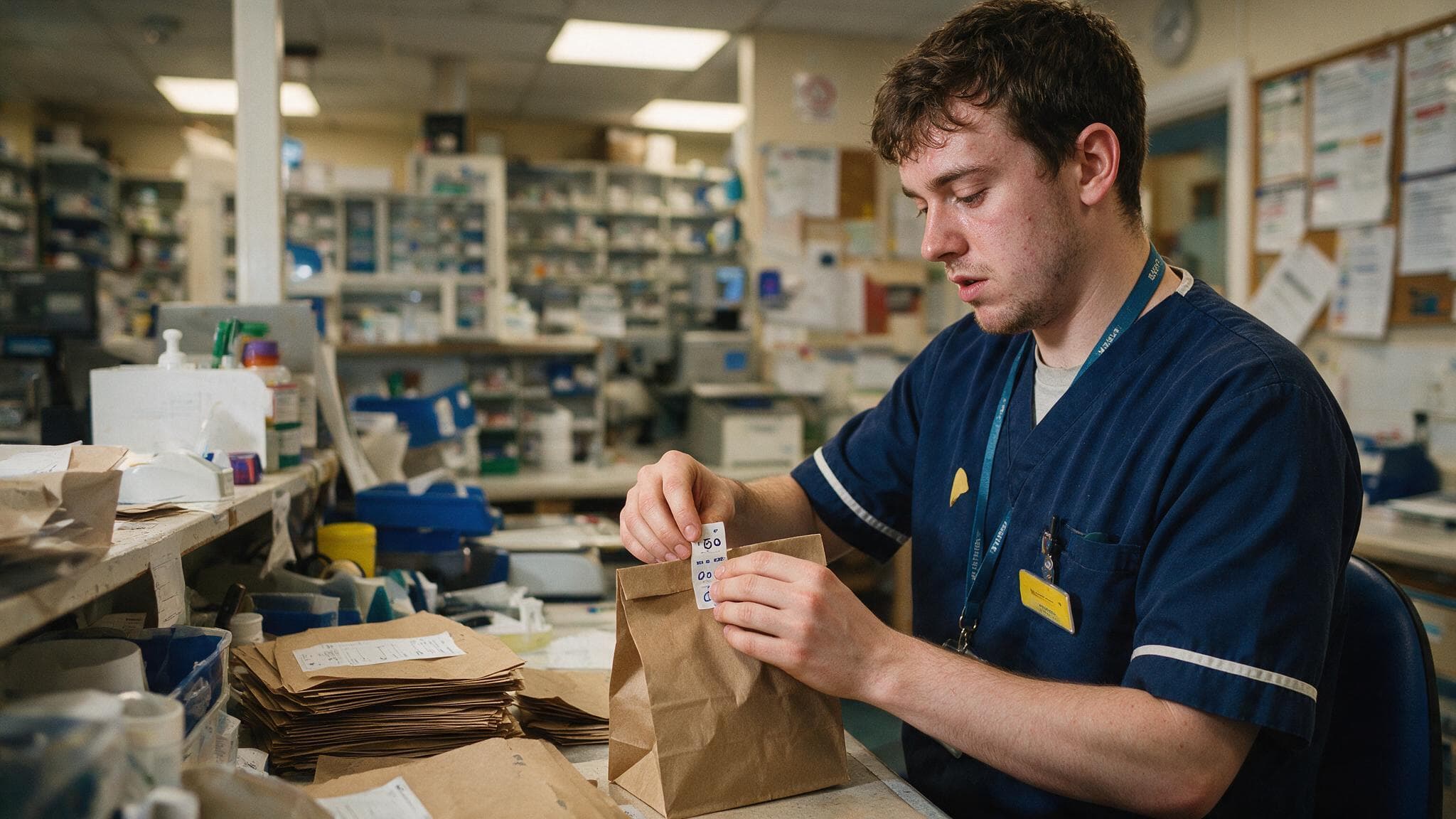 A pharmacy technician applying a numbered tamper-evident seal to a paper prescription bag