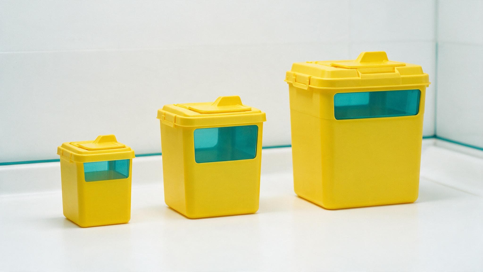 Three yellow sharps bins of increasing size lined up on a white worktop against white tiles, each with a hinged lid and a translucent green aperture panel