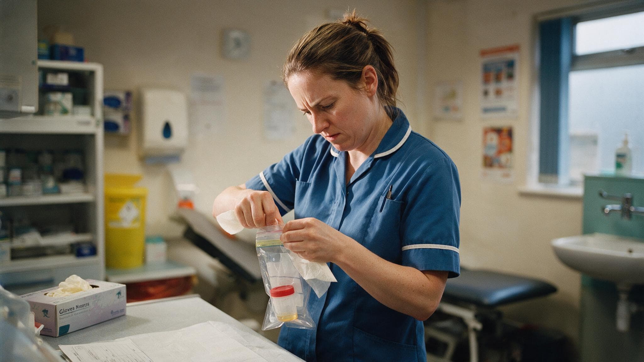 A practice nurse sealing a specimen transport bag containing a sample pot