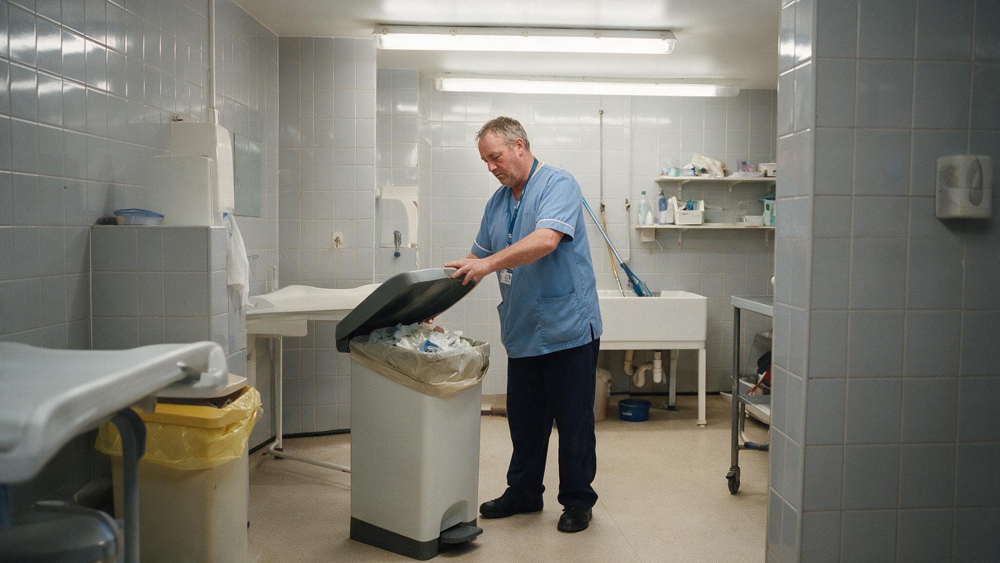 A healthcare assistant closing the lid of a clinical waste bin in a care home sluice room