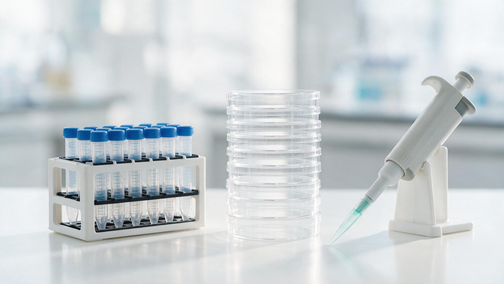 Laboratory consumables including microcentrifuge tubes, petri dishes and a pipette
