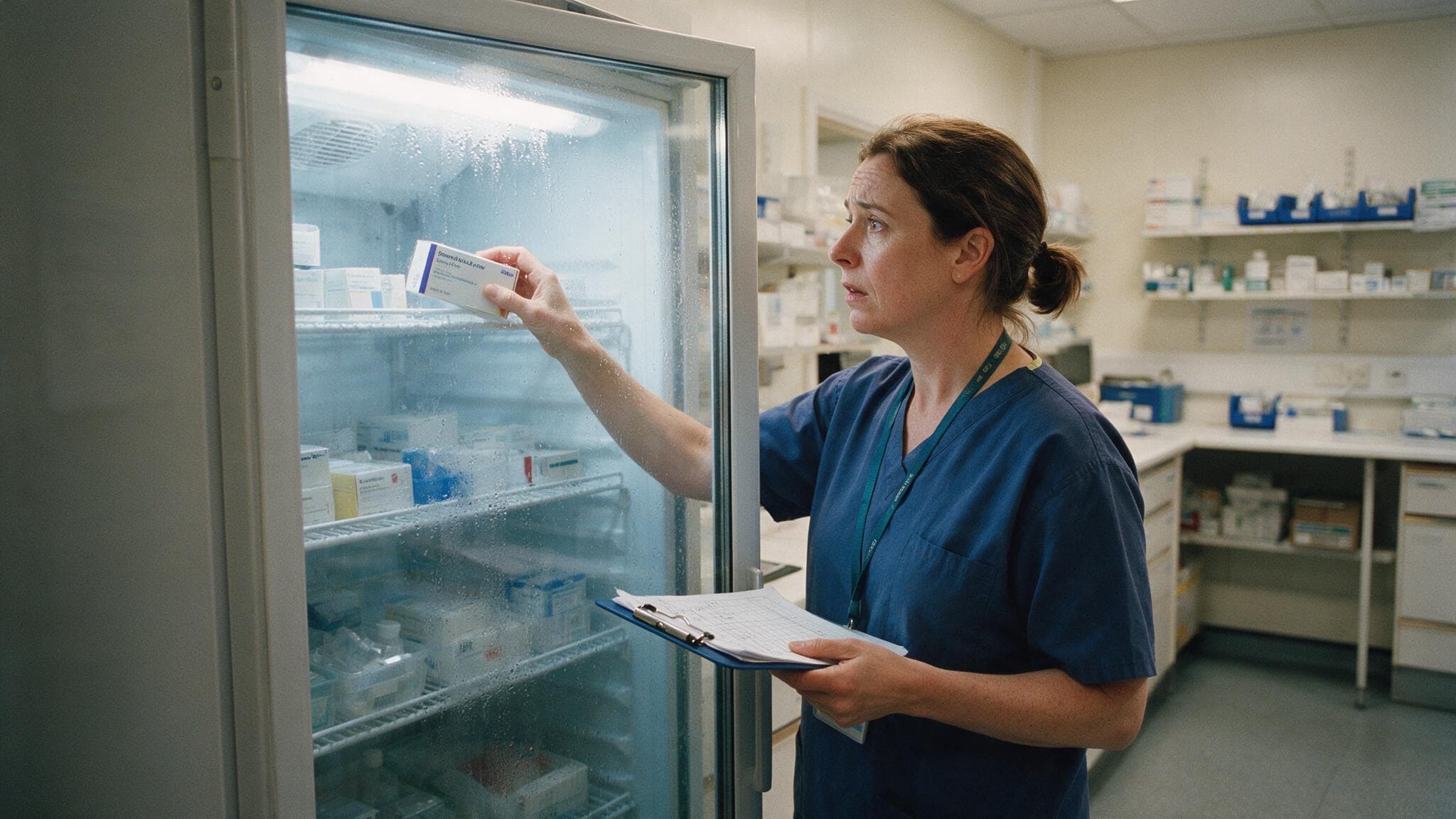A pharmacist checking a temperature log while retrieving a boxed vaccine from a glass-fronted medical refrigerator