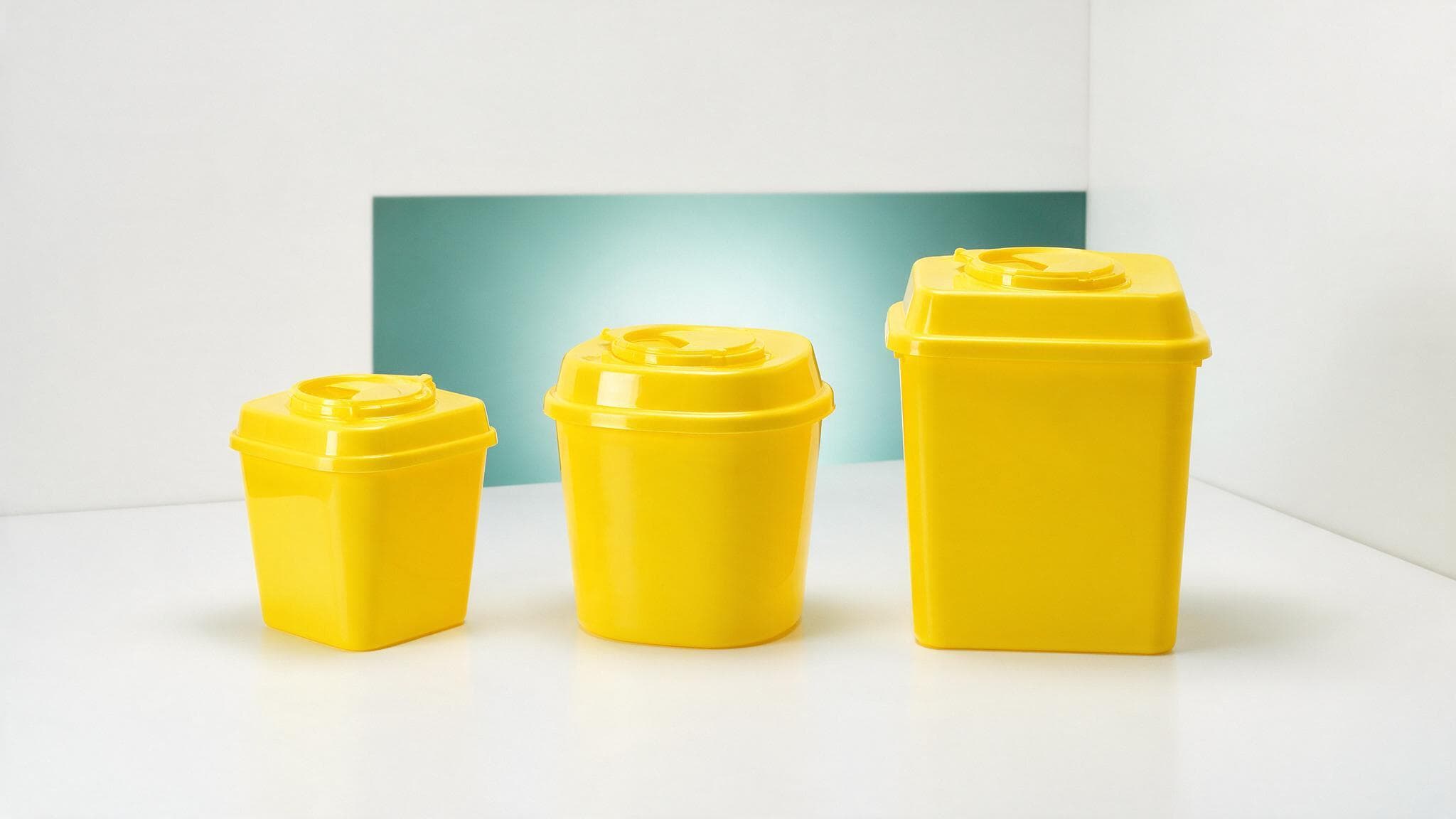 Sharps containers in three sizes on a clinical surface
