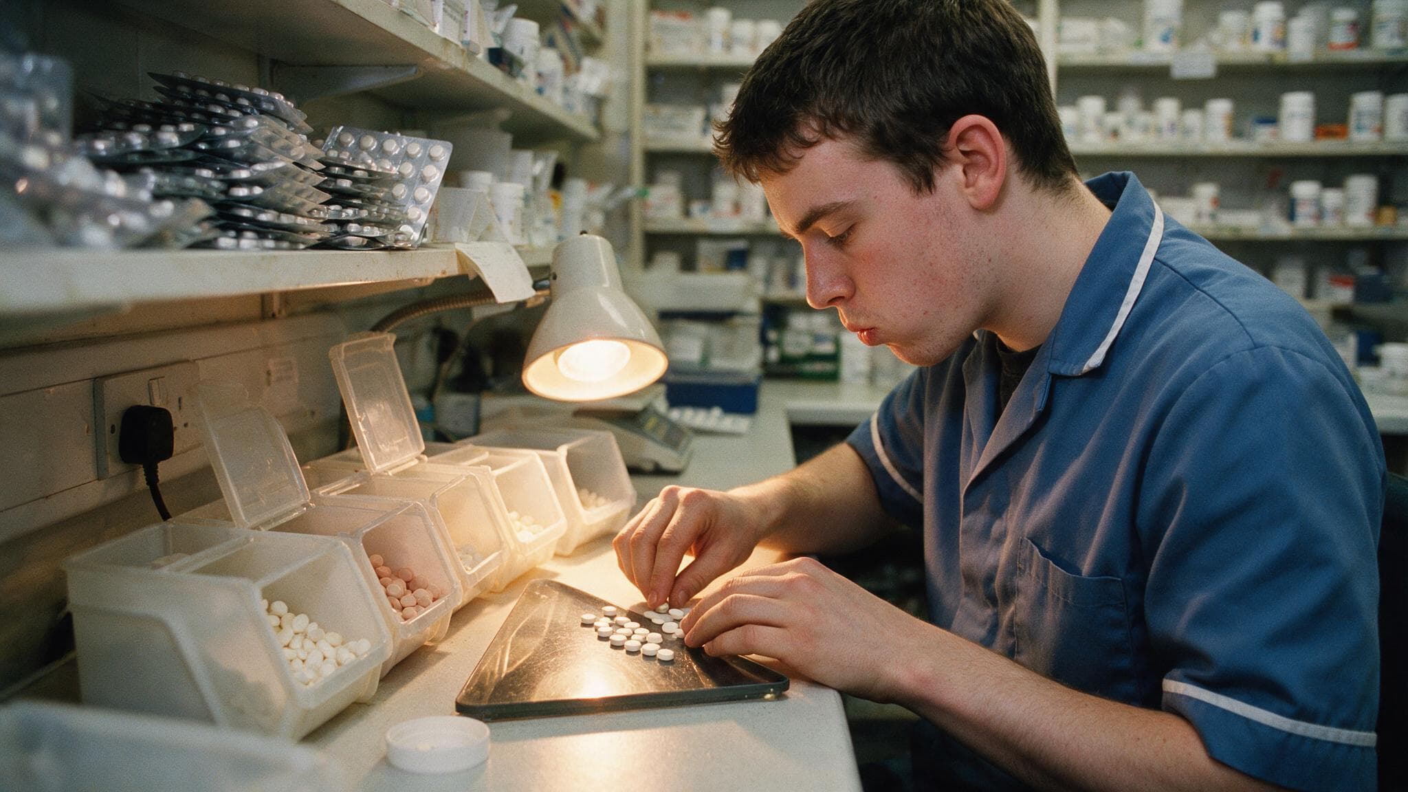 A pharmacy technician counting tablets beside a row of open dispensing containers