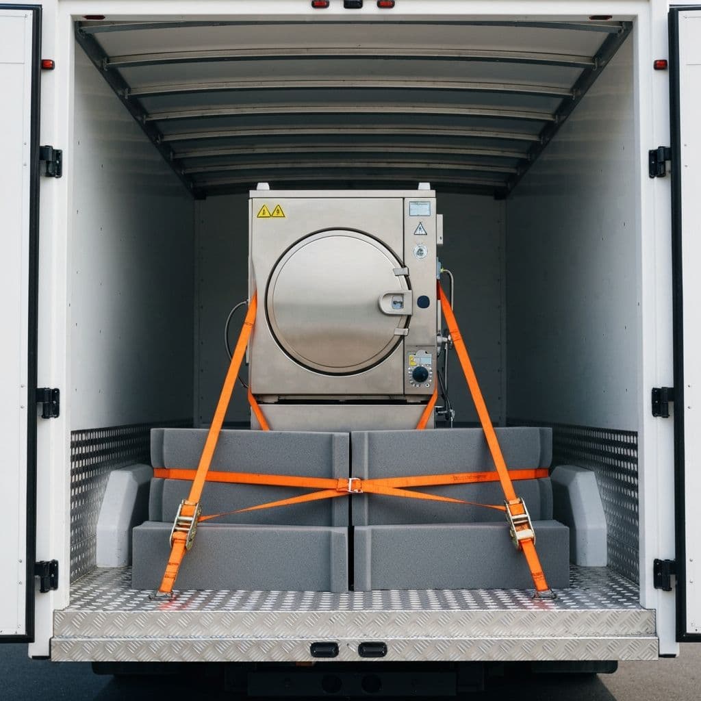 Medical equipment secured with ratchet straps and protective foam