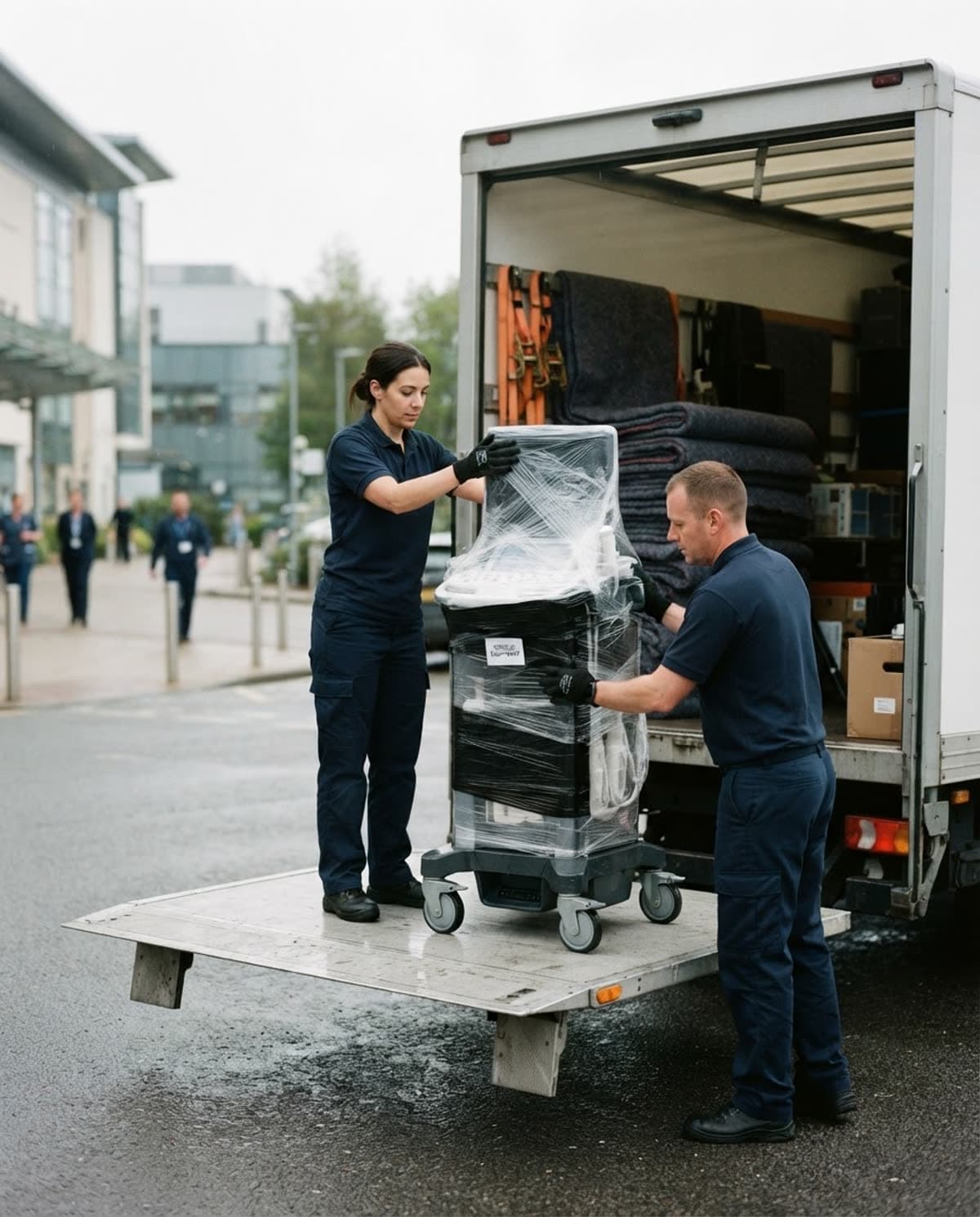 Two handlers steadying a wrapped medical device on a wheeled base on the lowered tail lift of a white box van outside a hospital