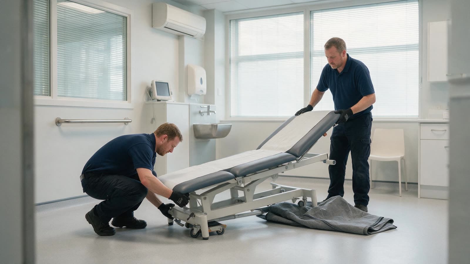 Two handlers lowering a hospital examination couch into position in a treatment room, one crouching to check the base is level