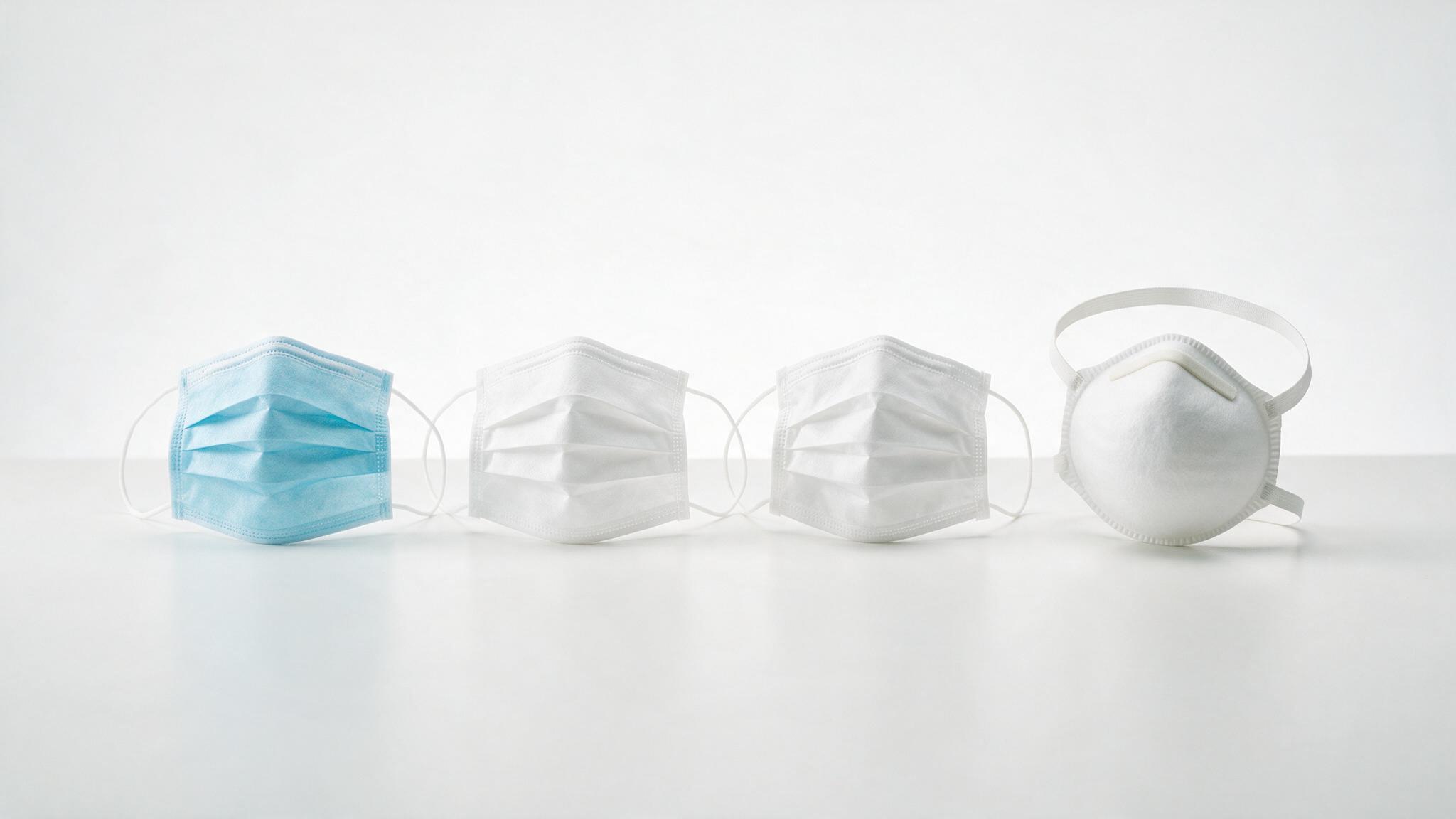 Different mask constructions shown side by side, including a headband respirator