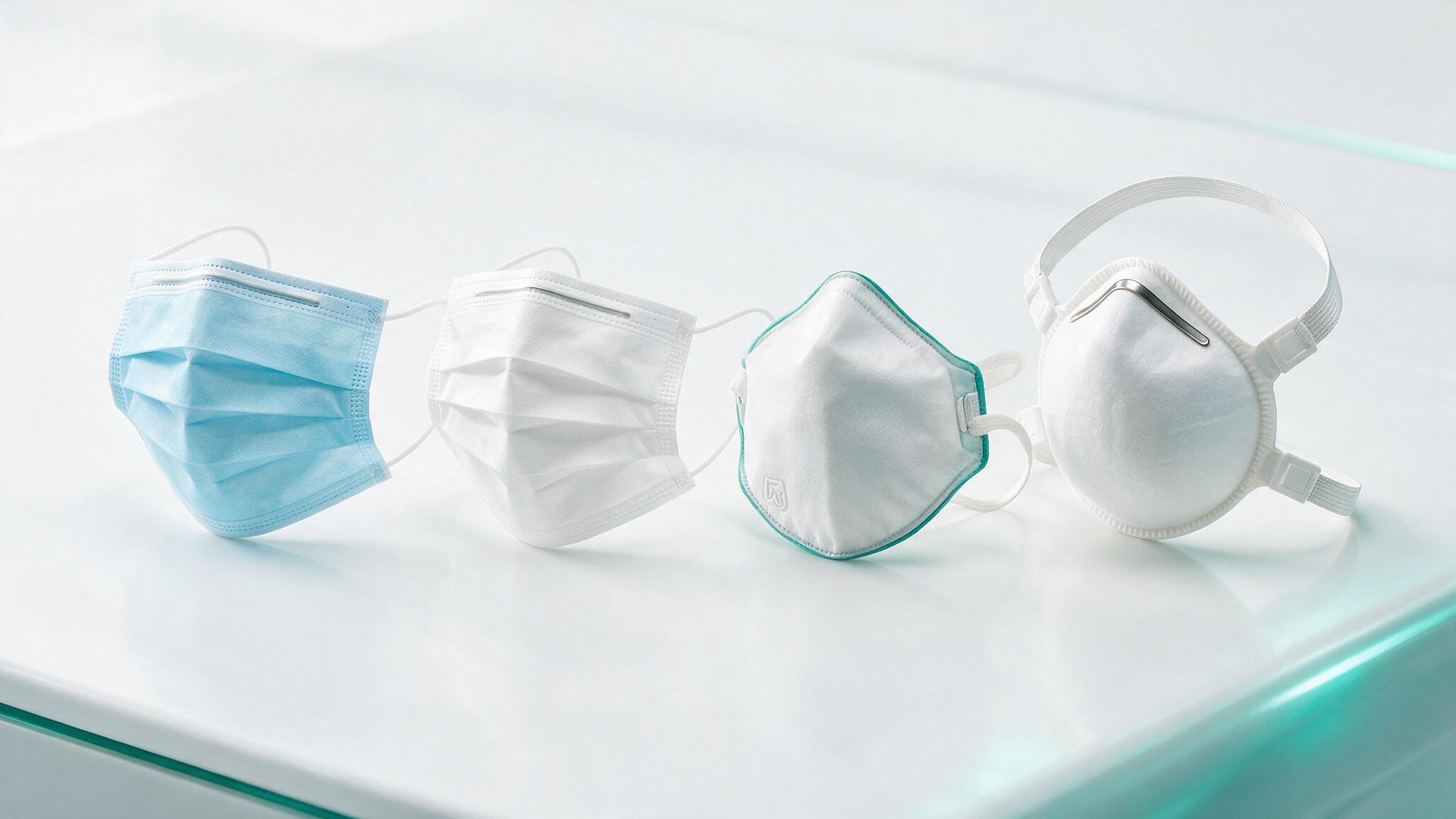 Pleated surgical masks alongside a cup-shaped respirator
