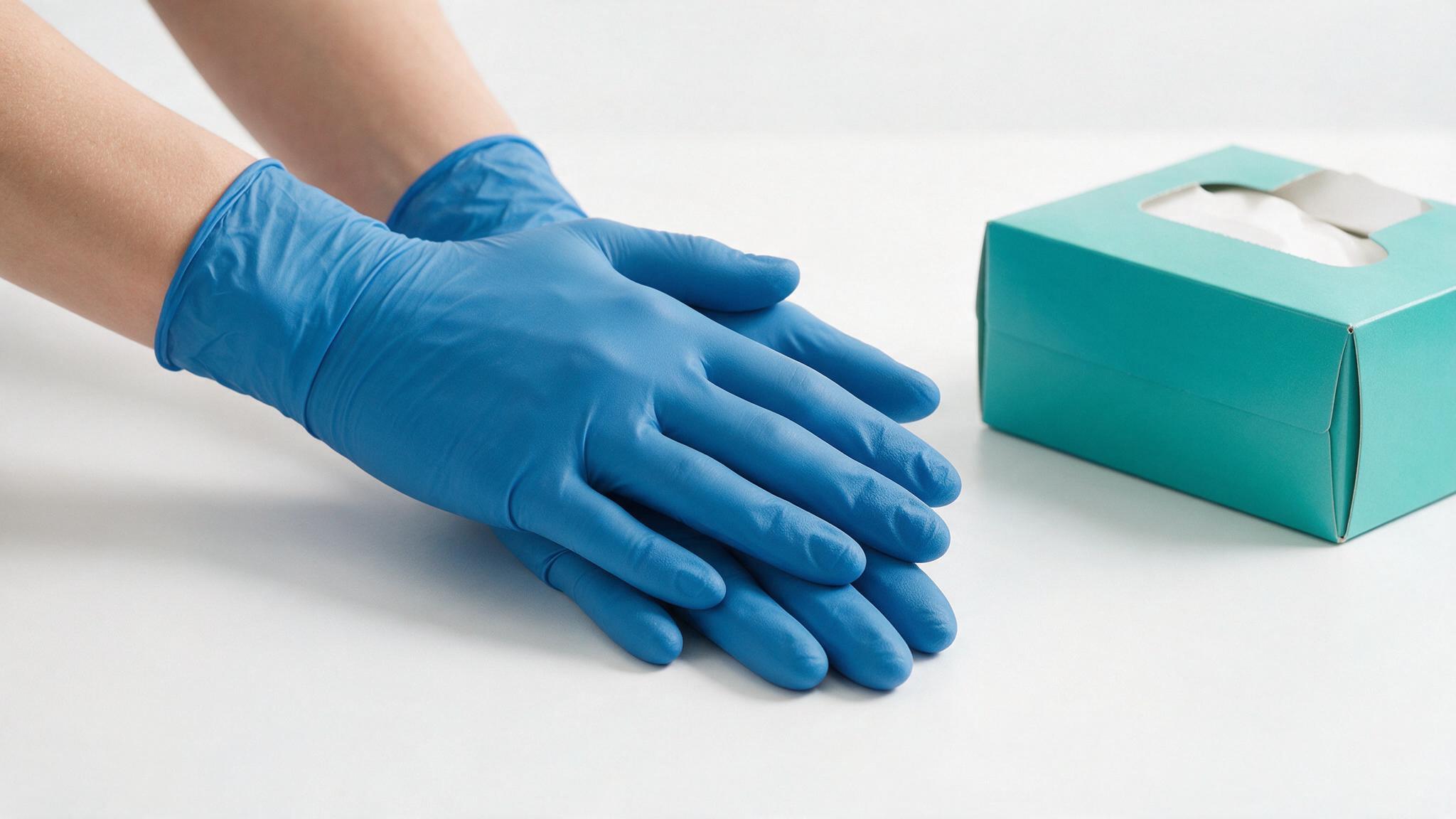 Well-fitted nitrile examination gloves with a dispenser box