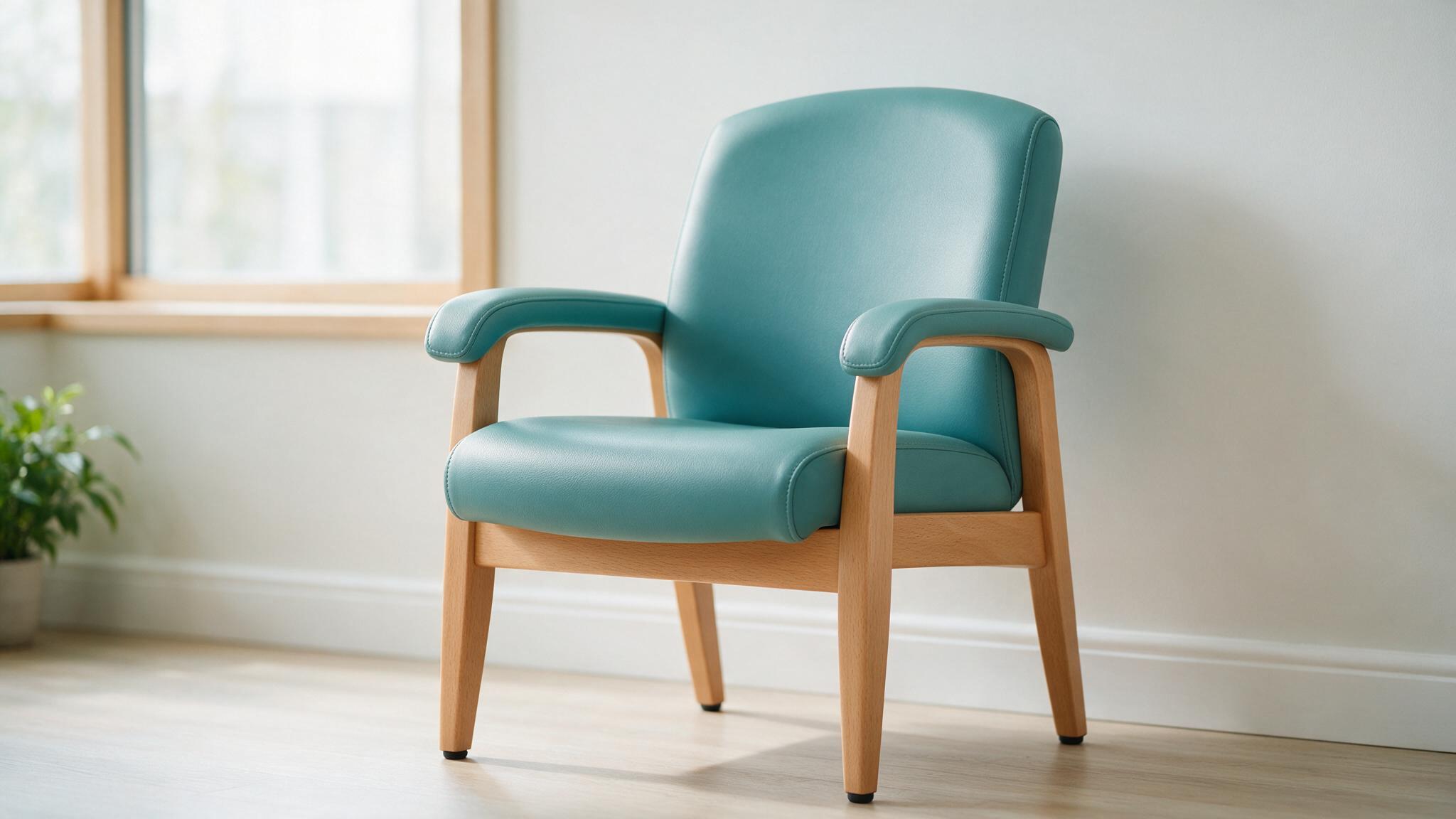 Clinical seating with a beech frame and wipe-clean vinyl seat and back
