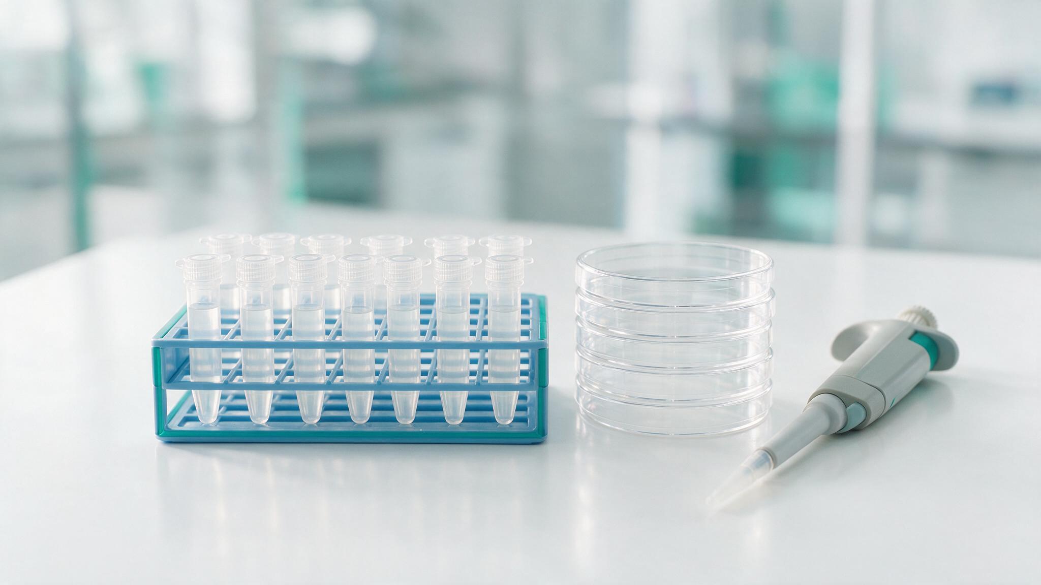 Clear stacked culture dishes and tube racks arranged on a clean bench