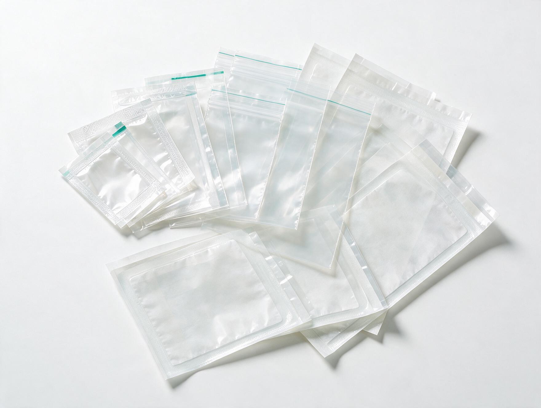 Clear self-seal pouches and specimen bags fanned out for comparison