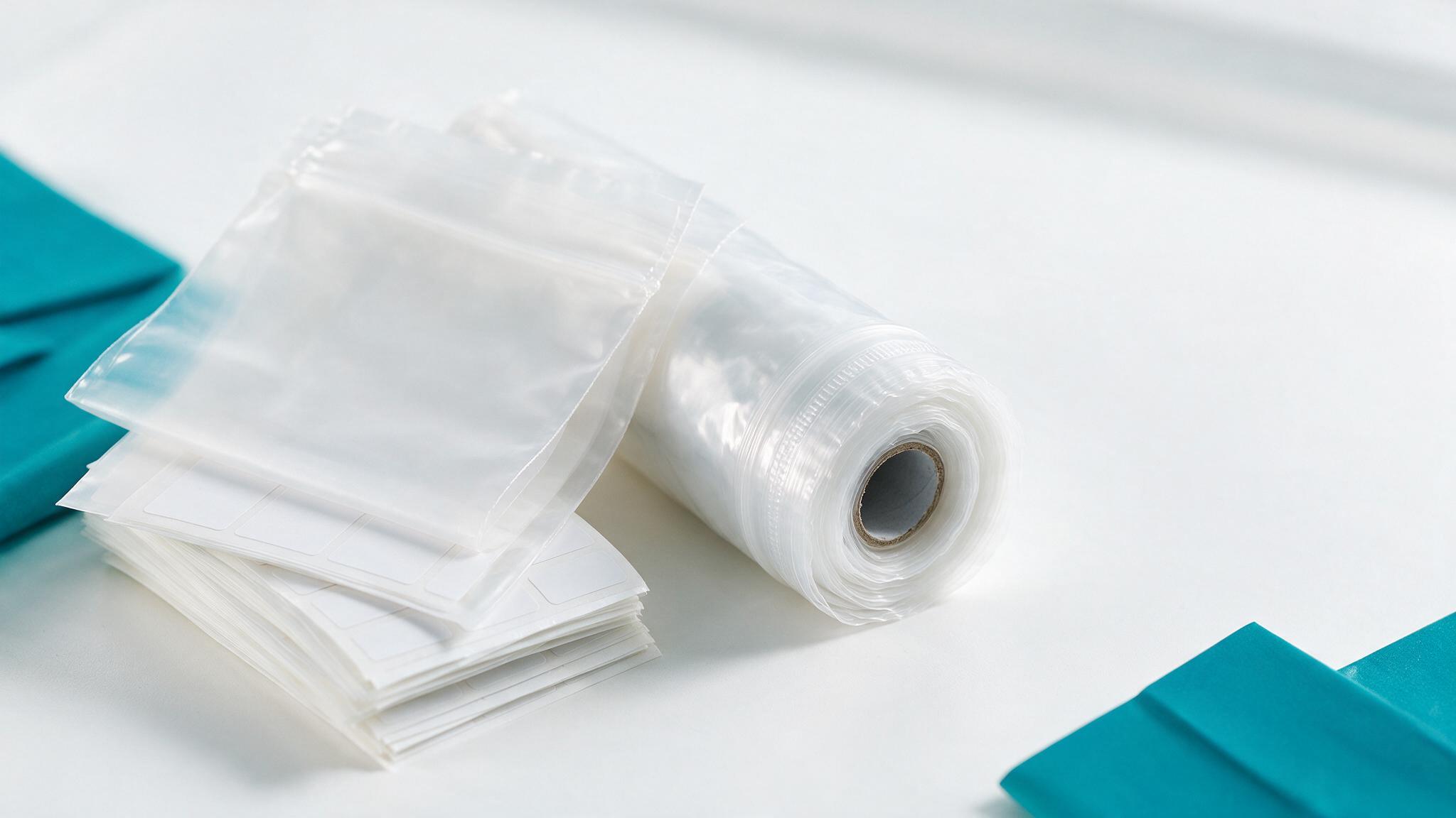 Sterile pouches, grip seal bags and specimen bags arranged on a clinical bench