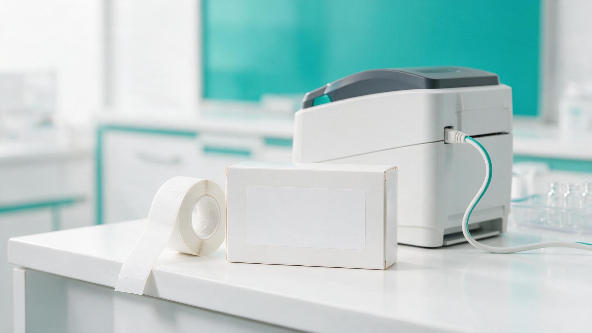 Blank adhesive dispensing labels on a roll ready for printing