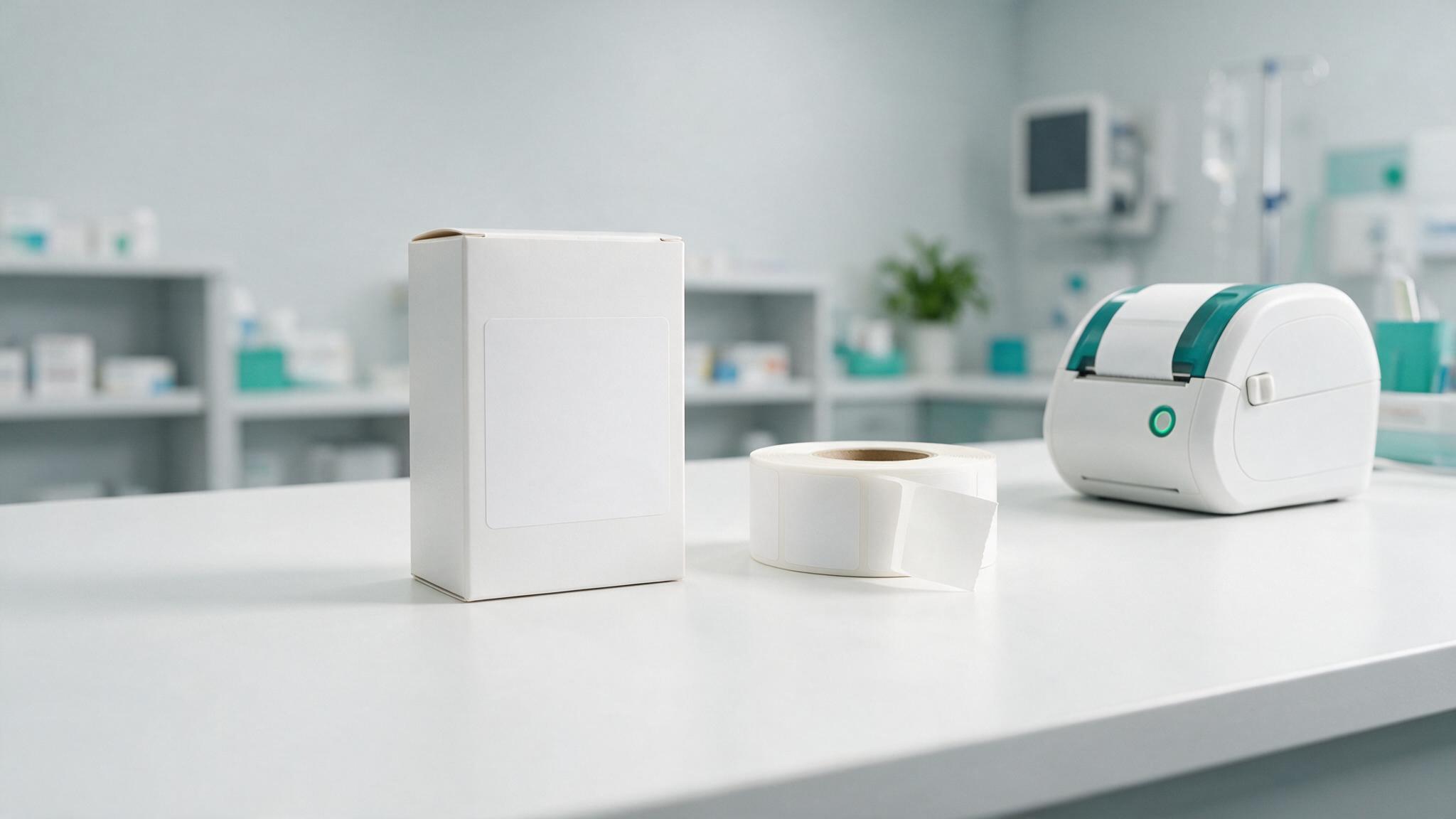 Dispensing labels and a thermal label printer at a pharmacy bench