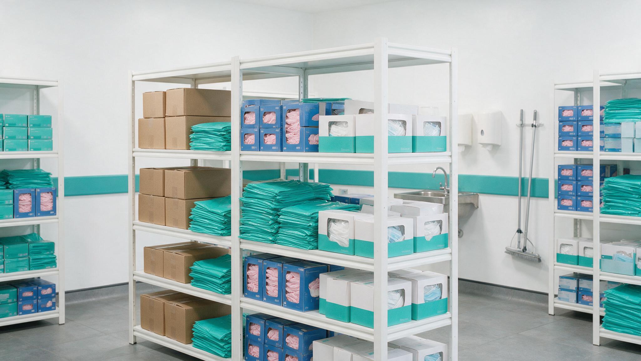 A tidy care home PPE store with gloves, aprons and masks organised on shelving