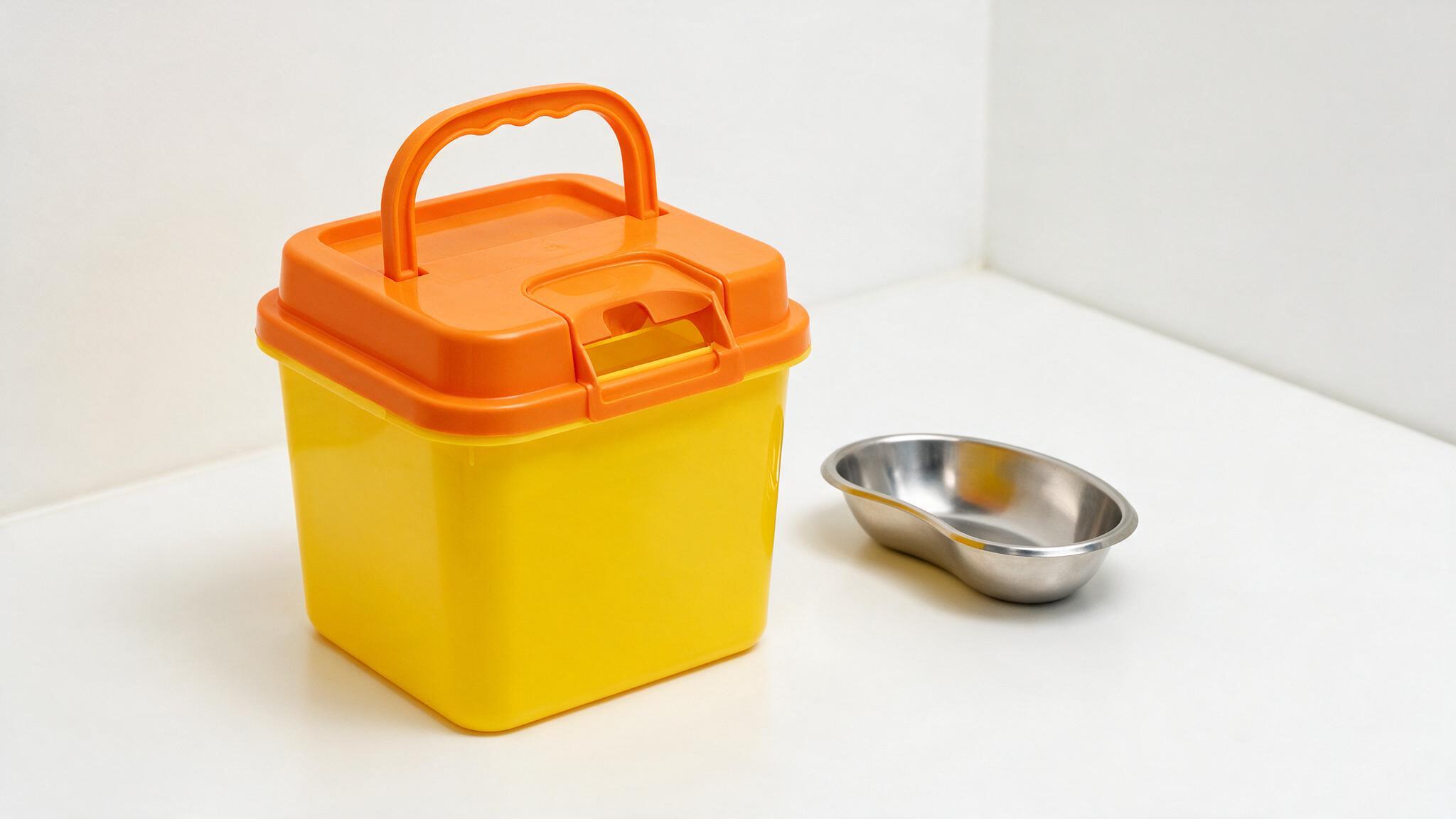 A sharps disposal container beside a clinical kidney dish