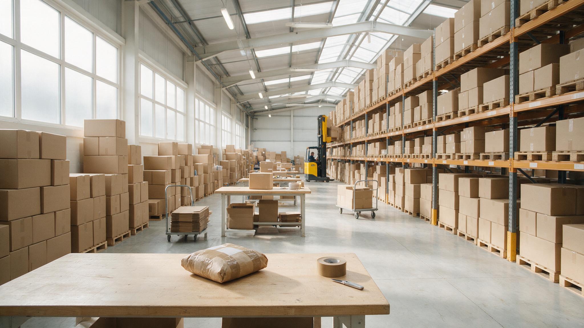 A UK medical supplies warehouse with a parcel being prepared for dispatch