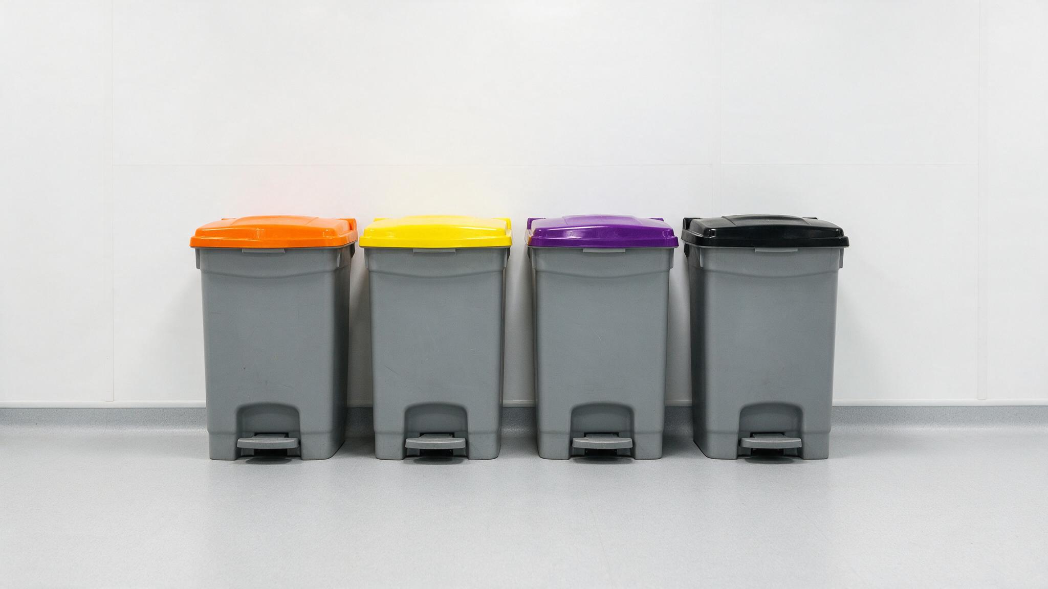 Colour-coded clinical waste bins lined up in a clinical corridor